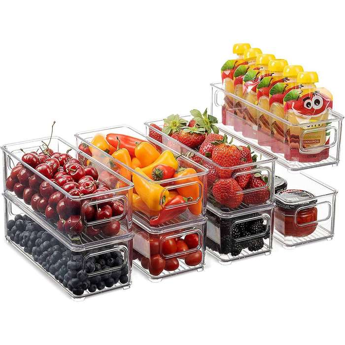 8 Stackable Plastic Food Storage Bins - Refrigerator Organizer with Handles for Pantry, Fridge, Fr