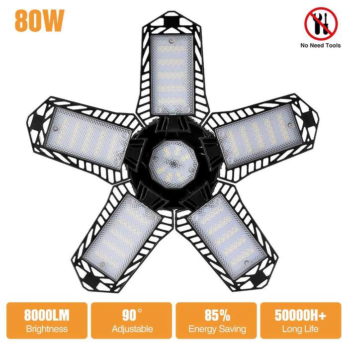 80W LED Five Leaf Garage Light Foldable Garage Ceiling Lamp 8000LM Deformation Basement Adjustable H