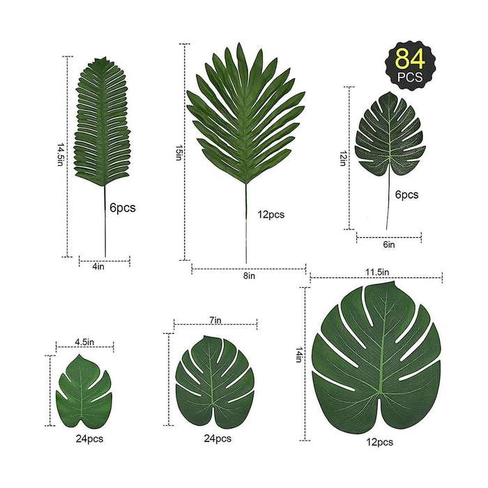 84 Pcs 6 Kinds Artificial Palm Leaves, Tropical Monstera Leaves, Jungle Leaves Decorations, Palm Lea