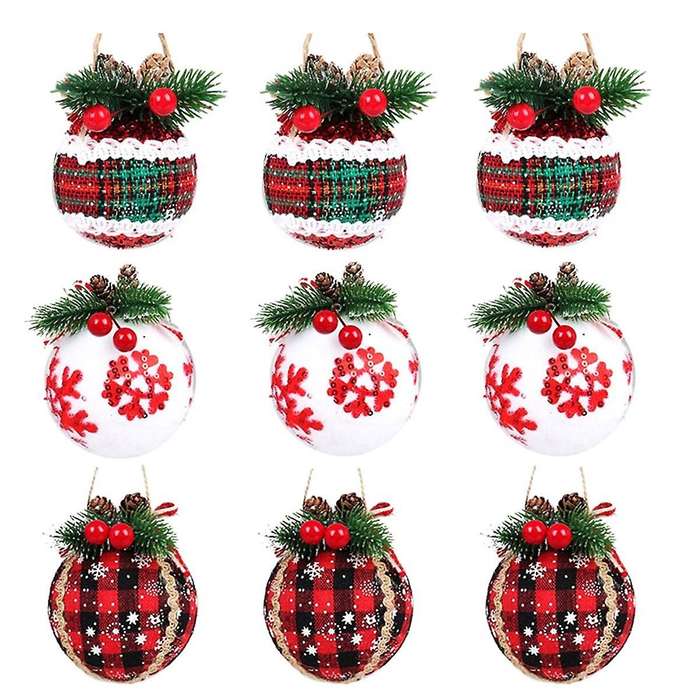 9PCS Christmas Ball Ornaments 3.15Inch Christmas Check Fabric Wrapped Balls Pendants for Christmas D