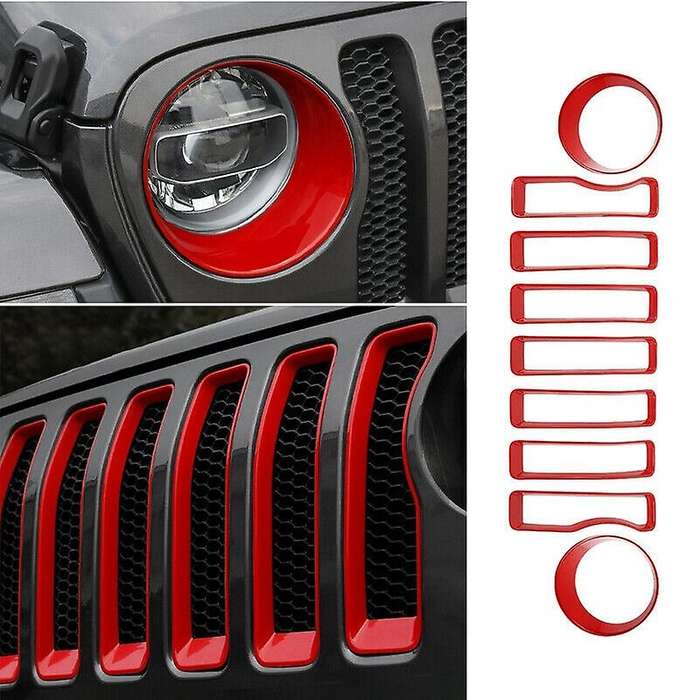 ABS Red Front Mesh Grille+Headlight Trim Cover for Wrangler JL 2018 2019 Accessories