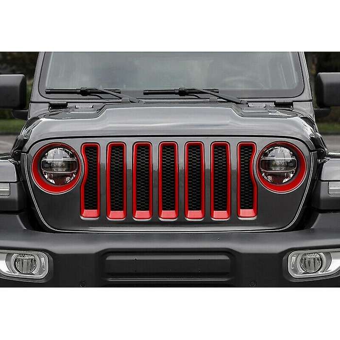 ABS Red Front Mesh Grille+Headlight Trim Cover for Wrangler JL 2018 2019 Accessories