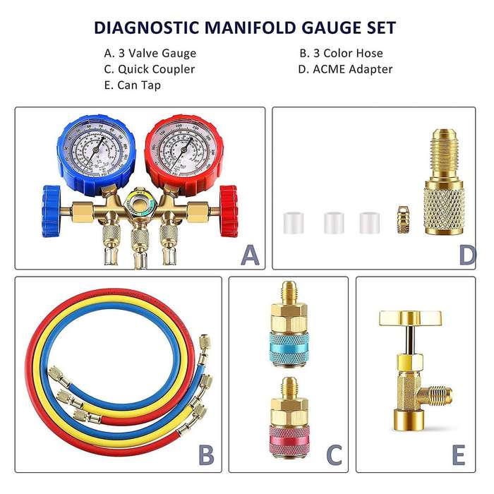 AC Gauges, 3 Way AC Diagnostic Manifold Gauge Set for R134A R12 R22 R502 Refrigerants, with 3FT Hose