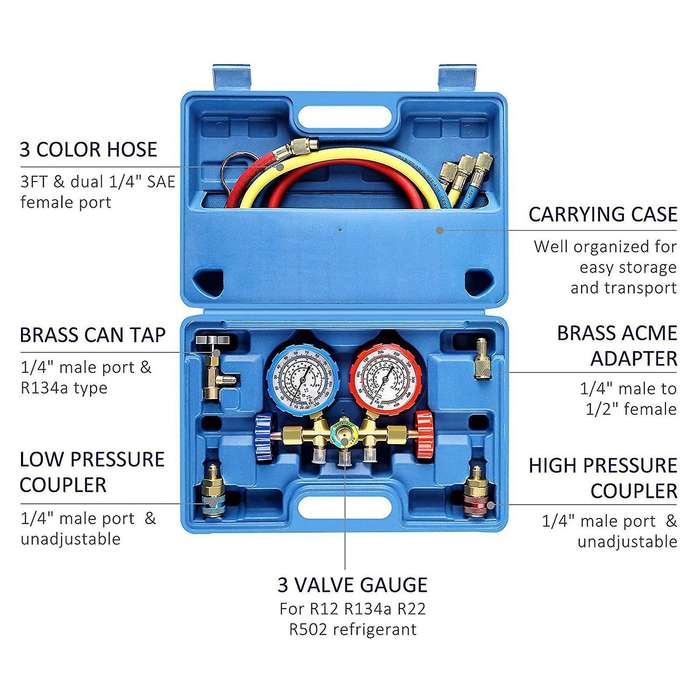 AC Gauges, 3 Way AC Diagnostic Manifold Gauge Set for R134A R12 R22 R502 Refrigerants, with 3FT Hose