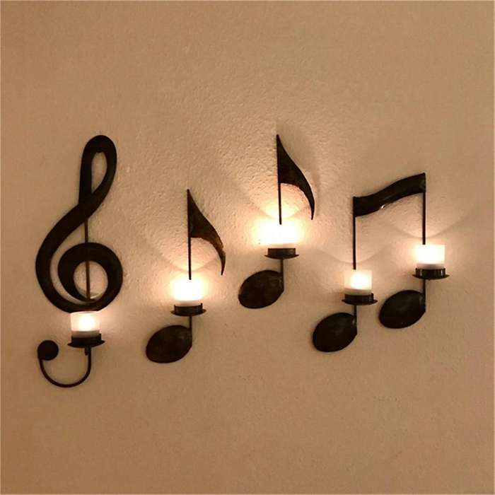 A-Candle Holder Wall-Mounted, Handmade Metal Musical Note Key Shape,Tea Light Display Stand Home Dec
