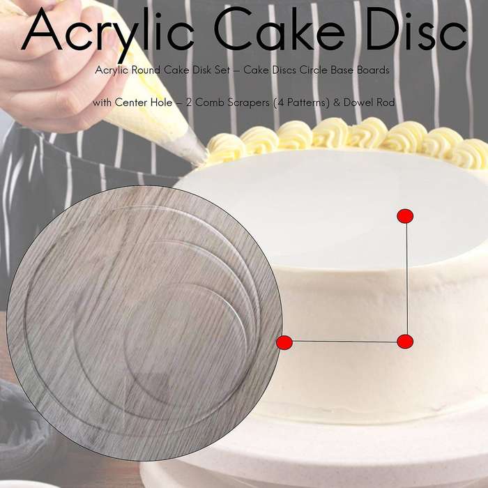 Acrylic Round Cake Disk Set - Cake Discs Circle Base Boards with Center Hole - 2 Comb Scrapers (4 Pa