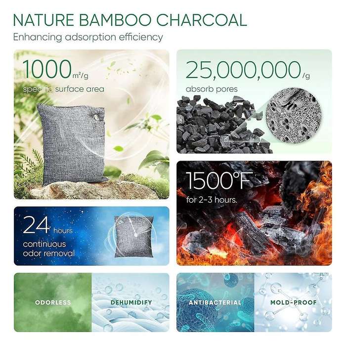 Activated Charcoal Odor Absorber,4x200g with Hooks Nature Odor Eliminator for Strong Odor,Bamboo Cha