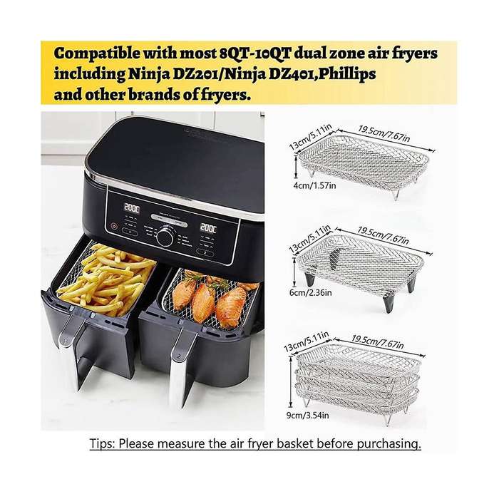 Air Fryer Rack for Ninja Dual Air Fryer, Stackable Stainless Steel Dehydrator Rack, Rectangle Air Fr