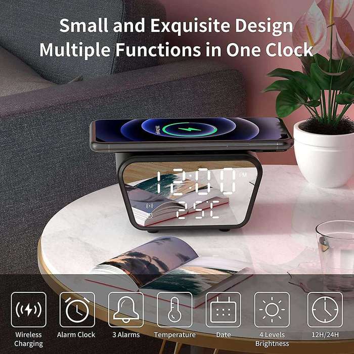 Alarm Clock with Wireless Charging - Alarm Clocks Bedside Mains Powered, 3 Alarms,LED Display with T