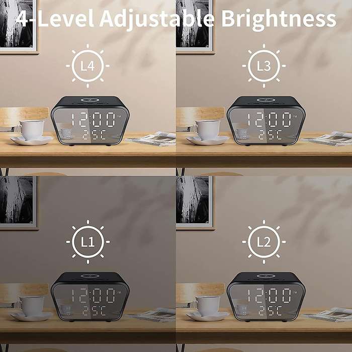 Alarm Clock with Wireless Charging - Alarm Clocks Bedside Mains Powered, 3 Alarms,LED Display with T