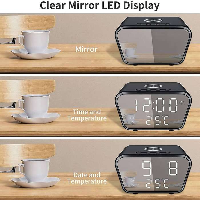 Alarm Clock with Wireless Charging - Alarm Clocks Bedside Mains Powered, 3 Alarms,LED Display with T