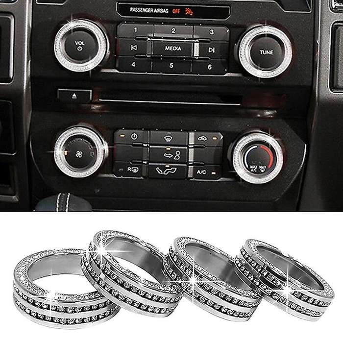 Aluminum Bling Crystal Style Air Conditioner Switch AC VOL Knob Ring Button Trim for 2016-2019, 4Pcs