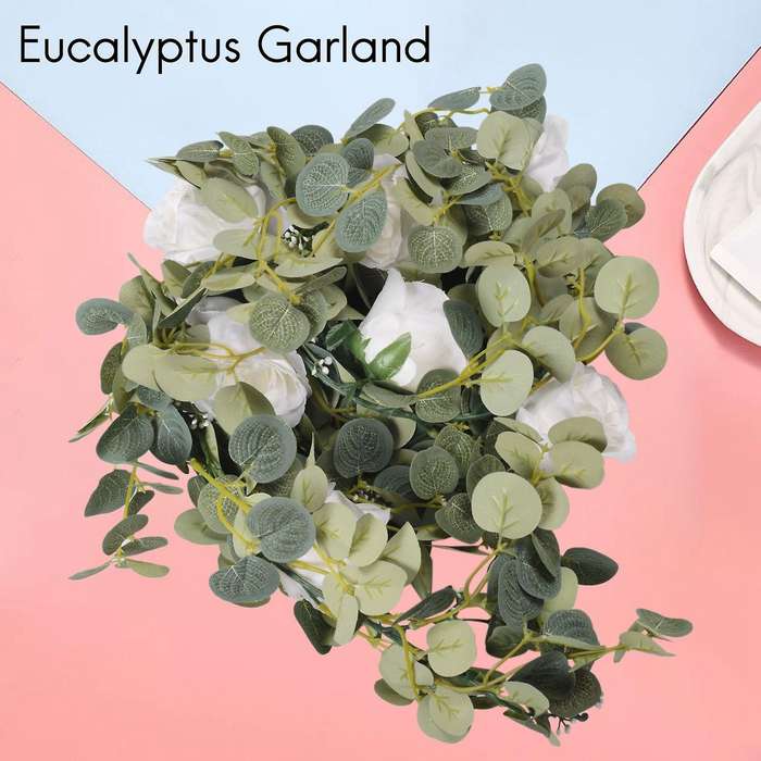 Artificial Dollar Eucalyptus Garland with Roses,Faux Eucalyptus Leaves Vine Hanging for Indoor&Outd