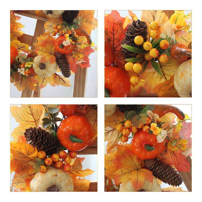 Artificial Fall Wreath - Autumn Wreath with Maple Leaves Pumpkin Pine Cone Berries for Front Door Th