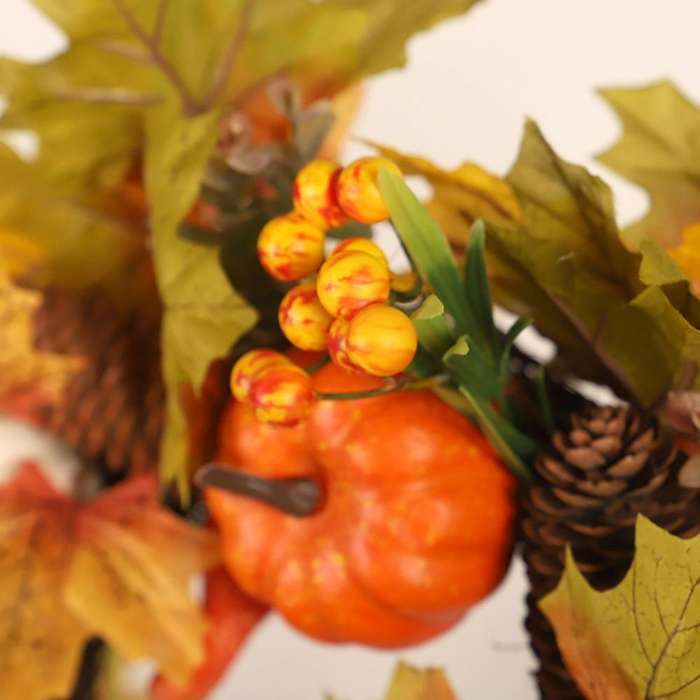Artificial Fall Wreath, Autumn Wreath with Maple Leaves Pumpkin Pine Cone and Berries, for Front Doo