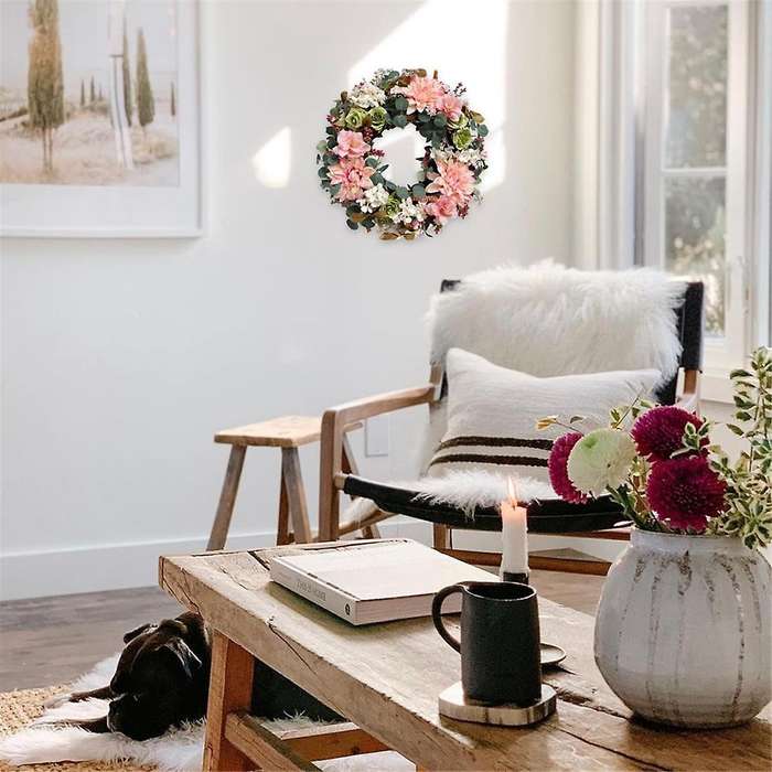Artificial Wreath Spring Summer Rose Wreath Silk Spring to Autumn Wreath for Front Door Garden Party