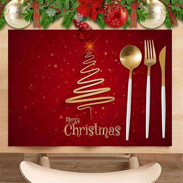 Merry Christmas Tree Placemats Set of 6,Non-/Wipe Clean Linen Dining Table Mat Set,Heat-Resistant Ta