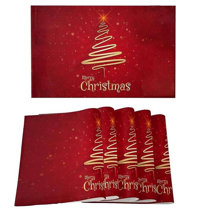 Merry Christmas Tree Placemats Set of 6,Non-/Wipe Clean Linen Dining Table Mat Set,Heat-Resistant Ta