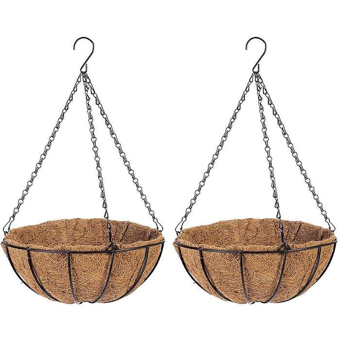 Metal Hanging Basket with Coir Liner Round Wire Plant Hanging Basket with Chain, Porch Decor Flower