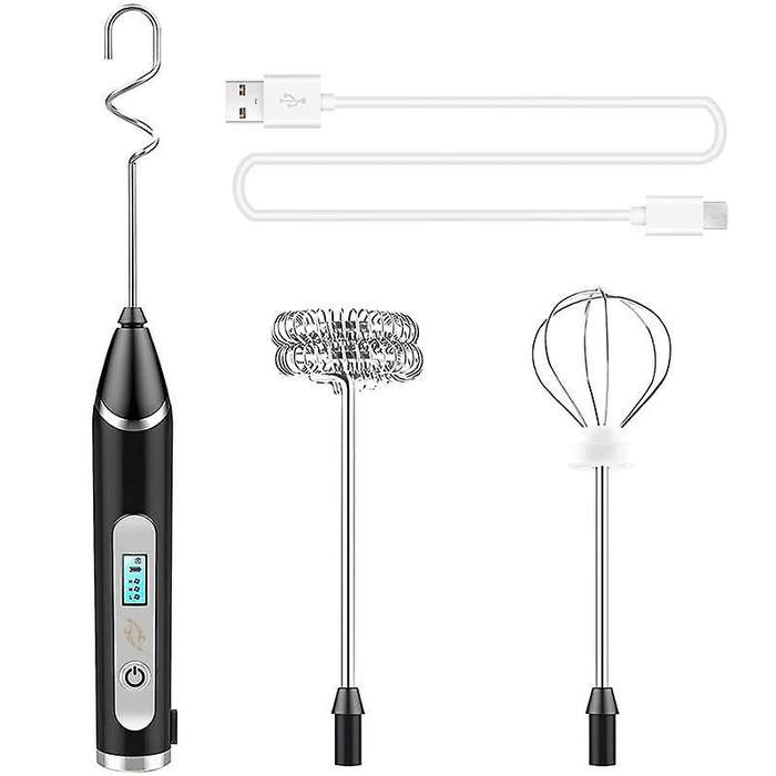 Milk Frother, USB Rechargeable LCD Hand Mixer with 3 Stainless Steel Whisk, 3 Speeds Handheld Frothe