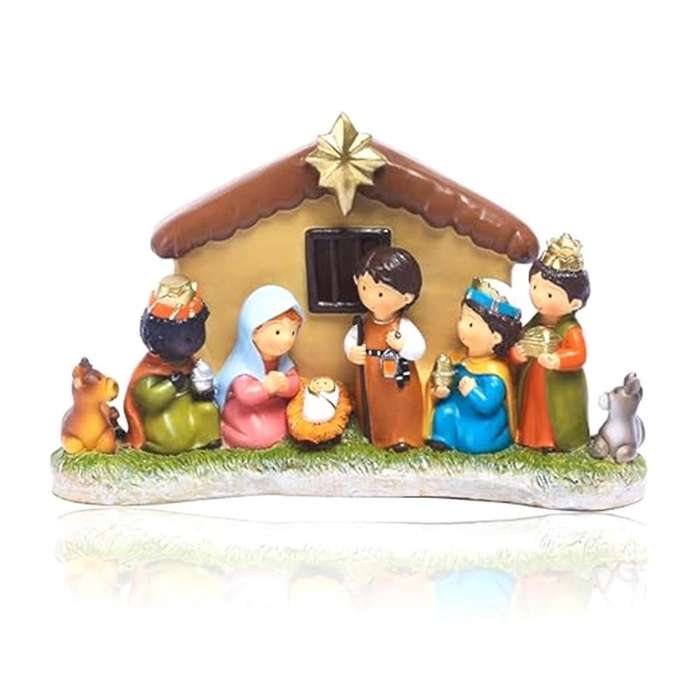 Mini Nativity Set, Indoor Nativity Scene with Led Light Include 1 Manger Creche and 8 Figures Statue