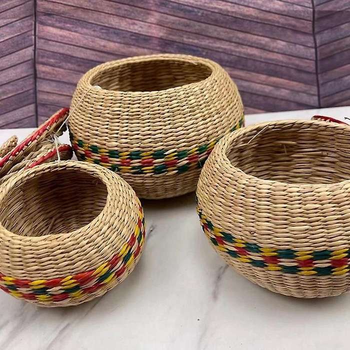 Mini Straw Hand Woven Storage Baskets with Lids Round Seagrass Box Desktop Storage Basket Desktop-Mu