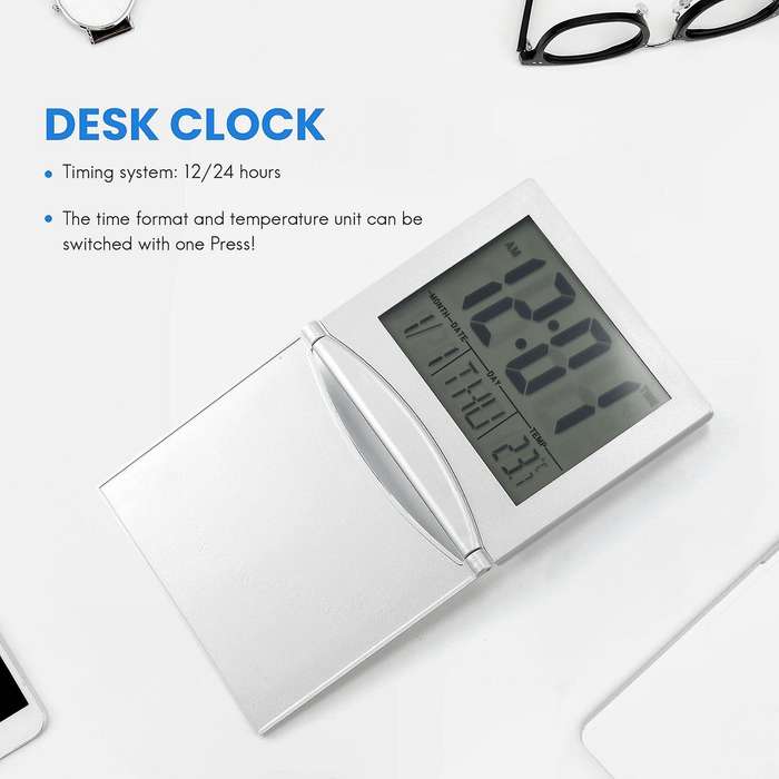 Mini Travel Alarm Clock, Digital Lcd Display Desk Foldable Clocks with Snooze Backlight Temperature