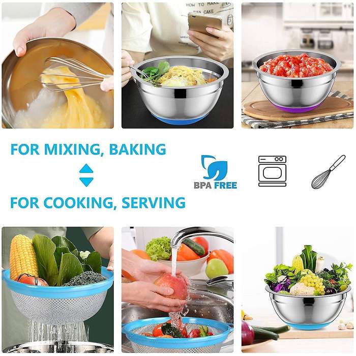 Mixing Bowls with Airtight Lids & Colander, 4Pcs Stainless Steel Nesting Bowls for Kitchen, Non-Slip