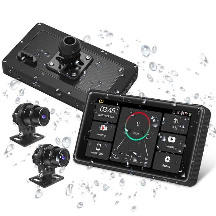 Motorcycle DVR Wireless Carplay Android Auto TPMS Dual HD 2K Cameras GPS 5-Inch WiFi Detection Loop