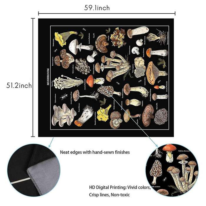 Mushroom Tapestry Vintage Black Tapestry Reference Chart Colorful Vertical Tapestry Wall Hanging 51.
