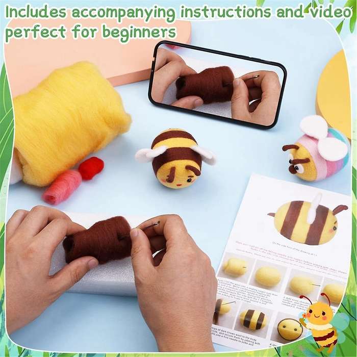 Needle Felting Kit, Wool Needle Felting Kit (Ladybug, Bee), with Instruction, Felting Foam Mat, Wool