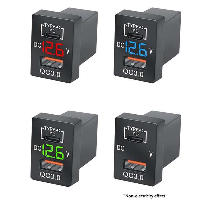 New Charger QC3.0 USB Car Charger Socket PD Type-C Charger with LED Blue Digital Voltmeter for New