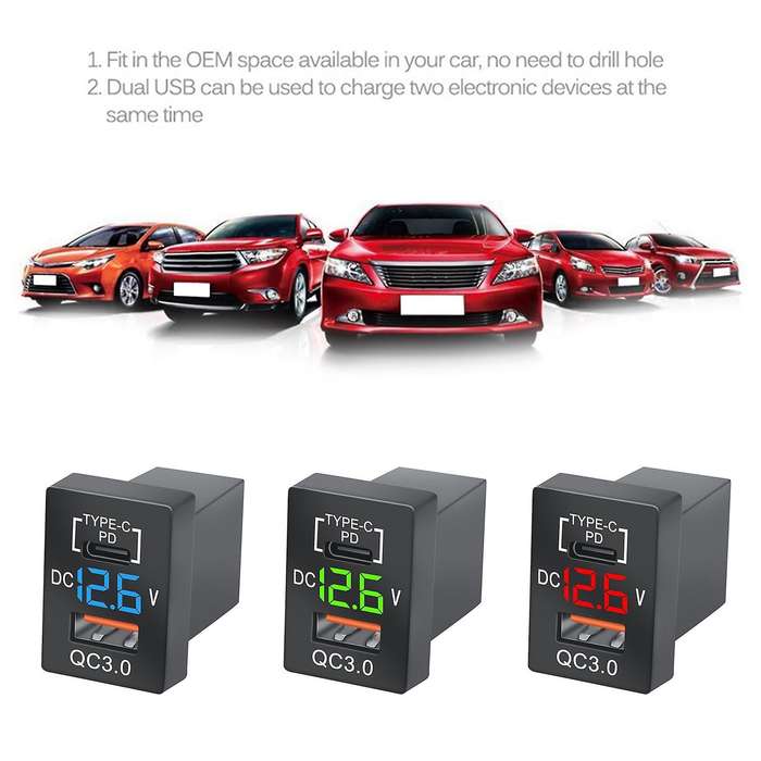 New Charger QC3.0 USB Car Charger Socket PD Type-C Charger with LED Blue Digital Voltmeter for New