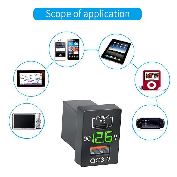 New Charger QC3.0 USB Car Charger Socket PD Type-C Charger with LED Blue Digital Voltmeter for New