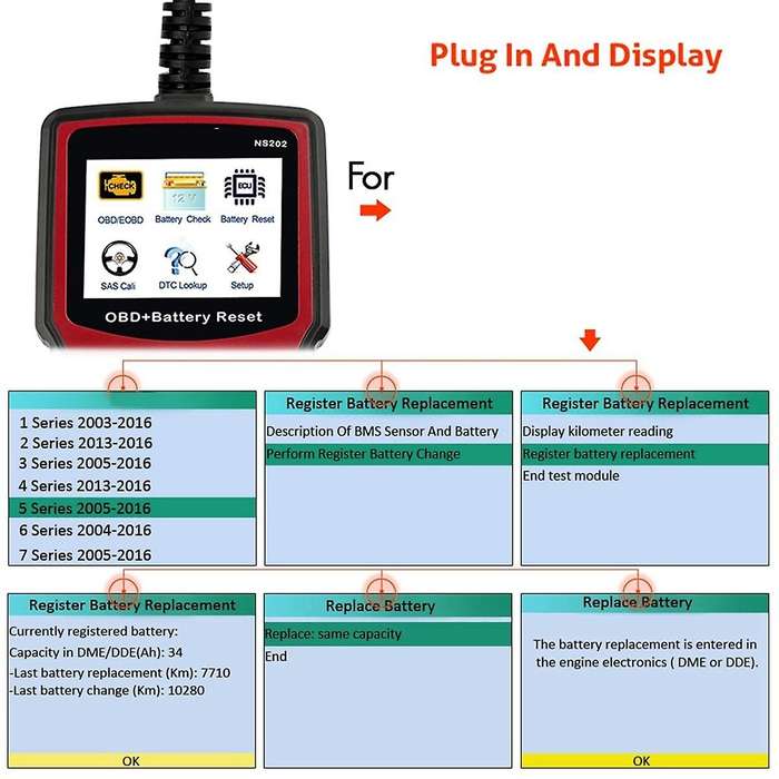 NS202 Battery Registration Tool+OBD/EOBD Diagnostic Supports 10 OBD/EOBD Test Modes for , , MINI, ,