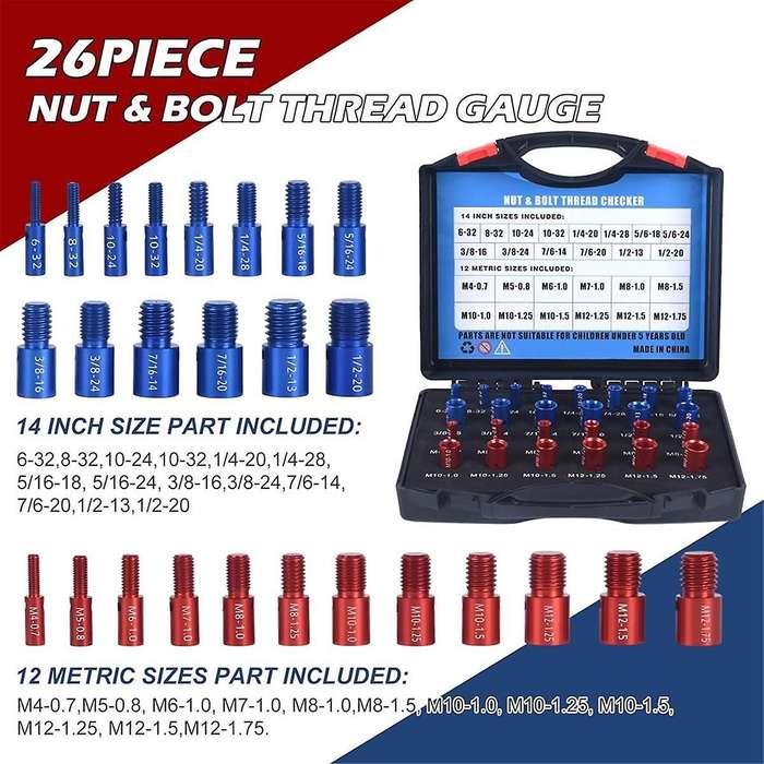 Nut and Bolt - 26pcs(14 Inch & 12 Metric) Identifier Gauge Set Bolt Sizing Gauges