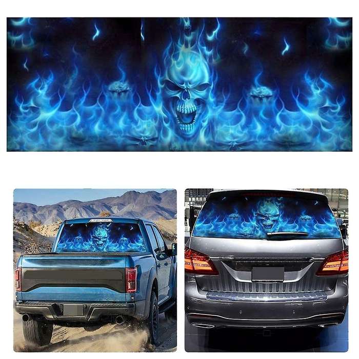 One Way Vision for Truck Suv Pickup Blue Flaming Skull 3D Rear Windshield Decal Sticker Decor Rear
