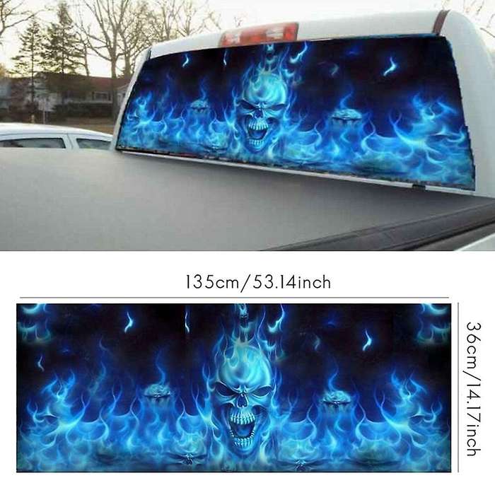One Way Vision for Truck Suv Pickup Blue Flaming Skull 3D Rear Windshield Decal Sticker Decor Rear