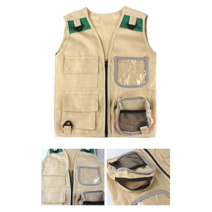 Outdoor Adventure Kit,Young Kid's Khaki Cargo Vest and Hat Comfortable and Durable Explorer Costume
