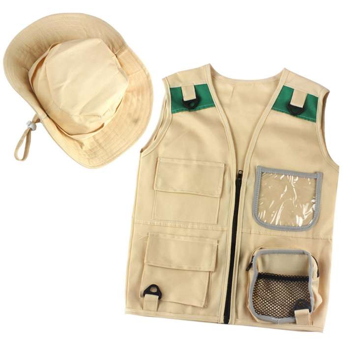 Outdoor Adventure Kit,Young Kid's Khaki Cargo Vest and Hat Comfortable and Durable Explorer Costume