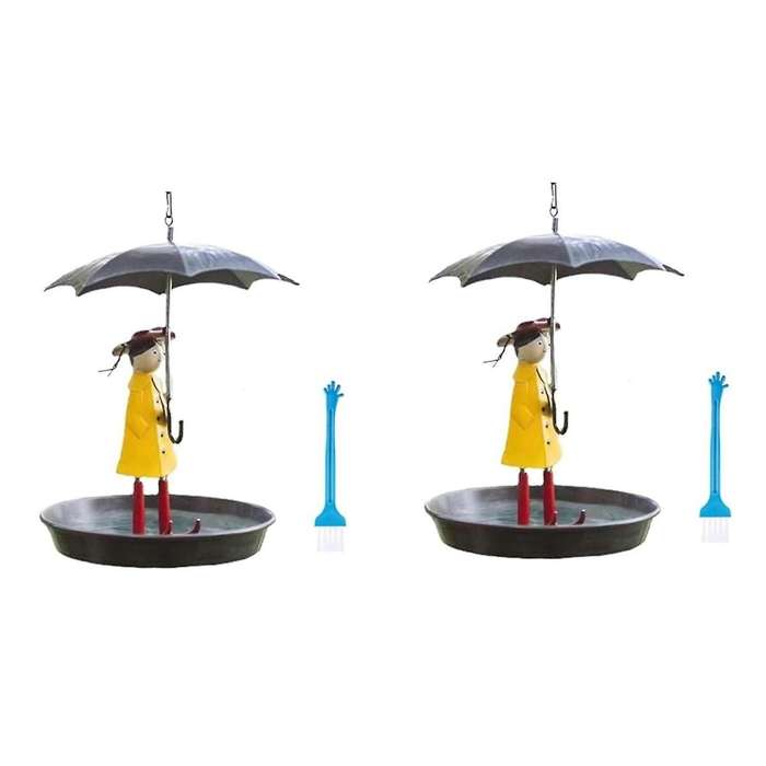 Outdoor Hanging Bird Feeder Set with Metal Chain and Umbrella Girl Shape, Feeder with Brush