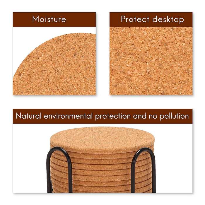 Pack of 12 Absorbent Cork Coasters with Holder, Heat-Resistant Cup Mat Set,Reusable Round Drink Coas