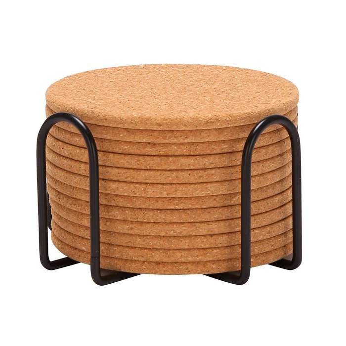 Pack of 12 Absorbent Cork Coasters with Holder, Heat-Resistant Cup Mat Set,Reusable Round Drink Coas