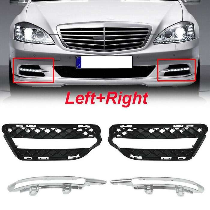 Pair Fog Light Mesh Grills Cover & Molding Trim Chrome for - S-Class W221 2009-2013