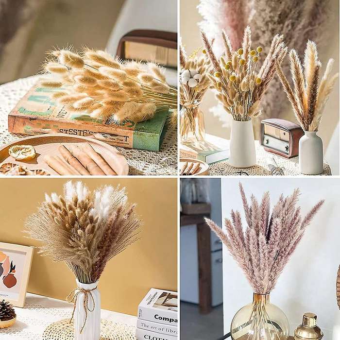 Pampas Grass Decor, 100pcs Natural Dried Fluffy Pompous Grass, 17.5inch Dried Flowers for Boho Home