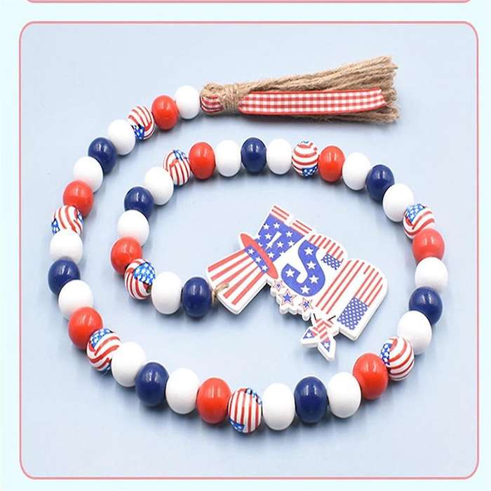 Patriotic Wooden Beads Garland, Stars Bead String Jutes Rope Decor Red White and Blue Garland for H