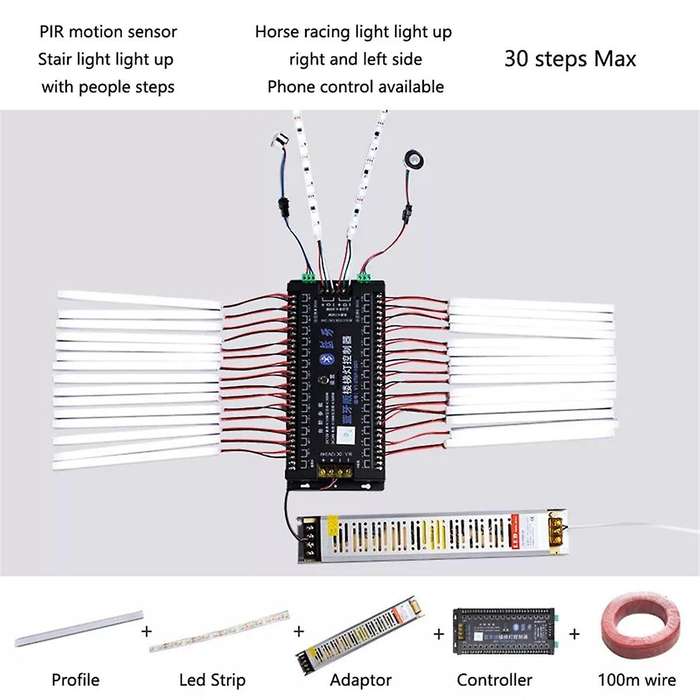 Phone Control Pir Motion Sensor Stair Light Controller DC12V 24V 30 Steps Ladder Led Strip Light Con