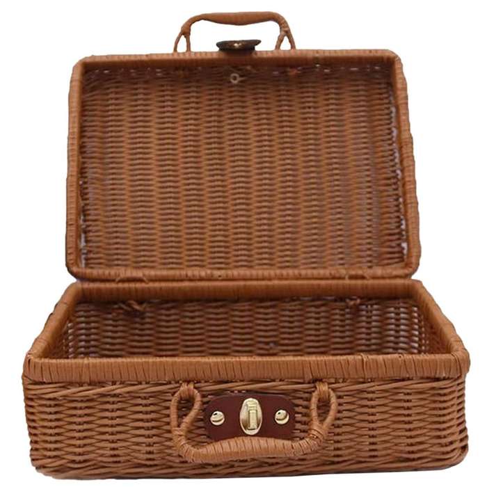 Picnic Basket,Woven Wicker Vintage Suitcase Woven Storage Basket Rattan Storage Case Picnic Weave La