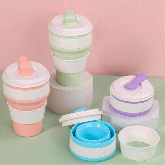 Pink Silicone Foldable Travel Cup-Camping Cup, Foldable Water Cup, Adult Drinking Cup with Lid,