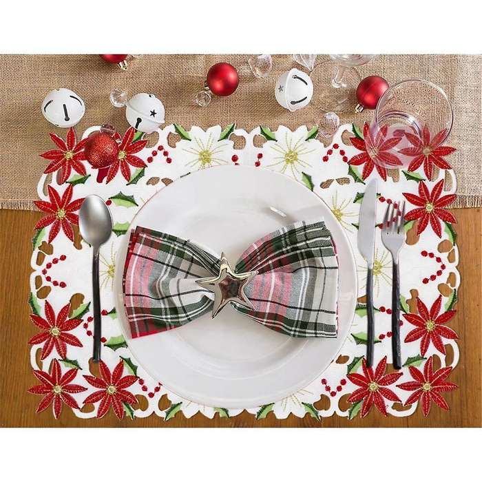Placemats Set Of 6 Embroidered Christmas Poinsettia & Holly Design, 11x17 Inch Christmas Table Deco